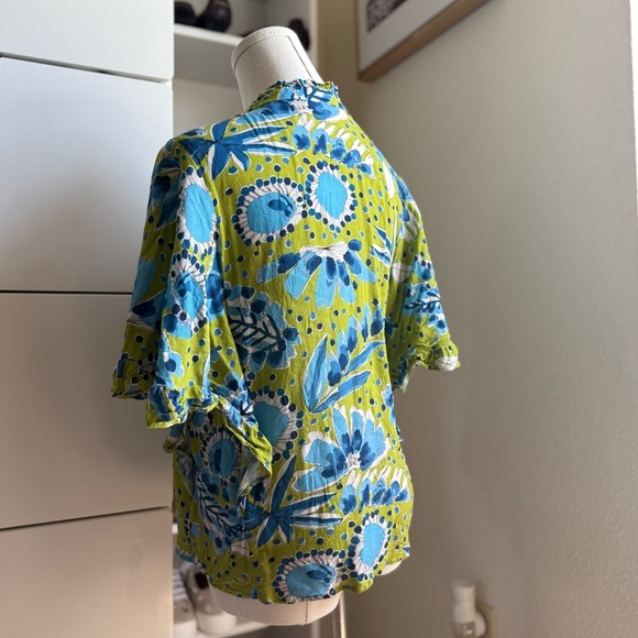 Anthropologie Green and Blue Vera Valley Flutter Short Sleeve Button Up Blouse - Picture 13 of 15